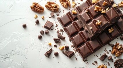 dark chocolate, caramel, and walnuts against a white background with small elements, perfect for a distant view and ample empty space for text.