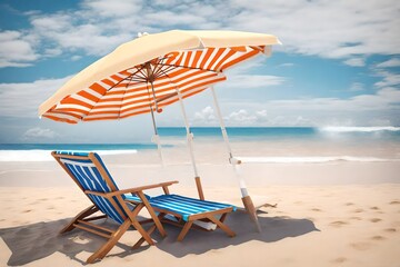 Blue beach chair and orange umbrella on the beach.