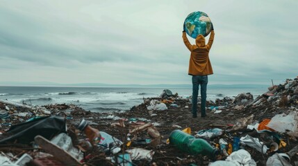 man holding the planet earth in a trash can on a beach full of plastic day concept, care for the environment, ecology
