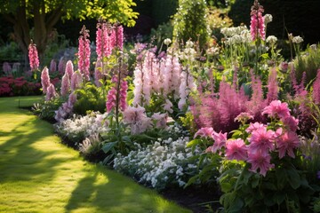 Elegantly cared for flower bed, white, pink and blue petals of flowers, sunshine falling in. Flowering flowers, a symbol of spring, new life.
