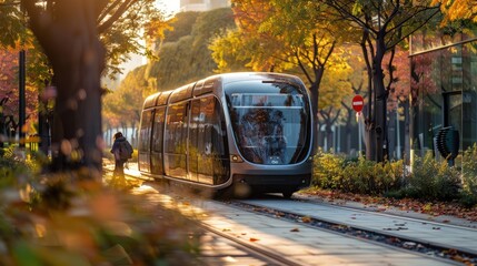 Autonomous electric buses in zero-emission public transport system - obrazy, fototapety, plakaty
