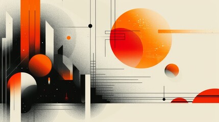 Abstract geometric design with bold orange accents and shadow play, evoking a modern sunset cityscape..