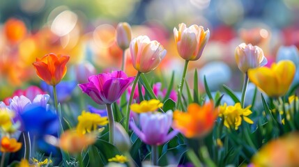 beautiful flower garden, calm peaceful cheerful atmosphere springtime background
