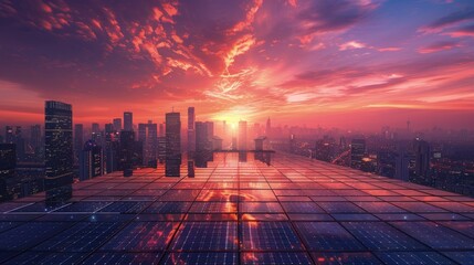 Solar panels on futuristic city buildings at dawn - obrazy, fototapety, plakaty