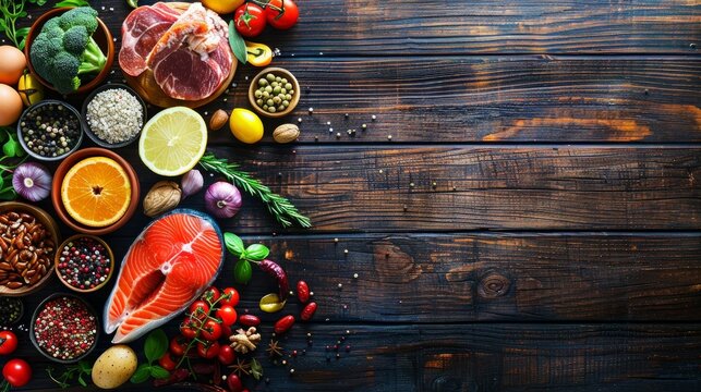 Healthy food clean eating selection, top view on dark wooden background, with copy space