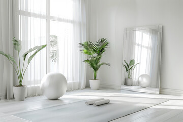 A room with a white wall and a large mirror. The room is filled with potted plants and white furniture. The plants are placed in various spots around the room, including on the floor and on a table