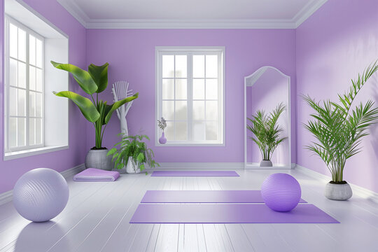 A room with a purple wall and a white mirror. There are two yoga balls and a potted plant in the room