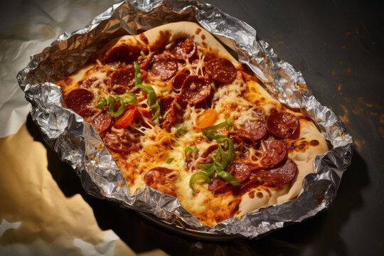 Tasty pizza on a plastic tray against an aluminum foil background