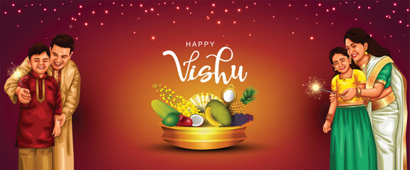 Happy Vishu greetings. April 14 Kerala festival with Vishu Kani, vishu flower Fruits and vegetables in a bronze vessel with kerala family. abstract vector illustration design - obrazy, fototapety, plakaty