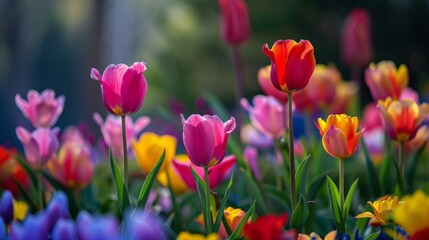 beautiful flower garden, calm peaceful cheerful atmosphere springtime background