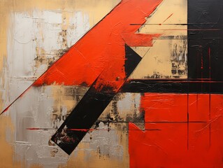 Black and red painting, in the style of orange and beige, luxurious geometry, puzzle-like pieces