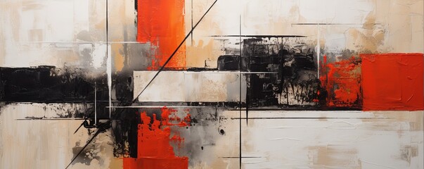 Black and red painting, in the style of orange and beige, luxurious geometry, puzzle-like pieces