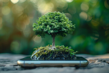 A small tree is growing on a phone. Concept of growth and life, as the tree is thriving in an unlikely environment. The phone itself is a symbol of modern technology - obrazy, fototapety, plakaty