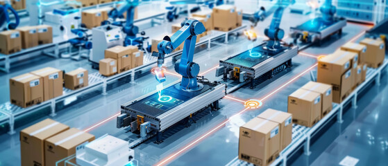 A robot is working in a factory with boxes on a conveyor belt. The robot is blue and has a glowing light on its head.