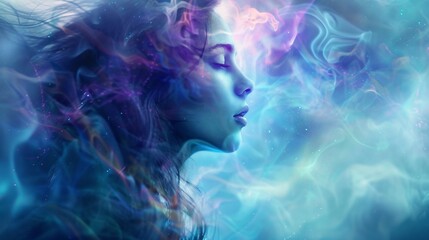 Mystical aura surrounds a fantasy woman with long flowing hair whispering secrets of the old world