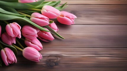 Obraz na płótnie Canvas Banner, wooden boards and pink tulips, space for your own content. Flowering flowers, a symbol of spring, new life.