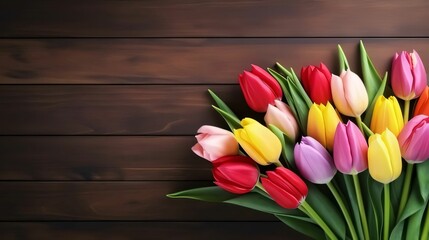 Banner, wooden boards and colorful tulips, space for your own content. Flowering flowers, a symbol of spring, new life.