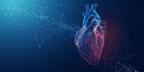 Anatomy of the human heart forms triangles and lines. 3D human organ polygon on a blue background