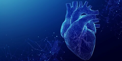 Anatomy of the human heart forms triangles and lines. 3D human organ polygon on a blue background - obrazy, fototapety, plakaty
