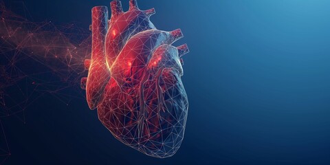 Anatomy of the human heart forms triangles and lines. 3D human organ polygon on a blue background - obrazy, fototapety, plakaty