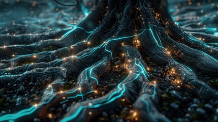 The concept of tree roots with light cables combines nature and technology AI generated image - obrazy, fototapety, plakaty