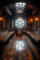 interior of wooden deck inside a medieval pirate ship. Old vintage sailing boat