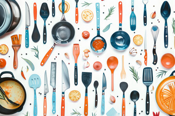Kitchen utensils and vegetables pattern on white background - obrazy, fototapety, plakaty