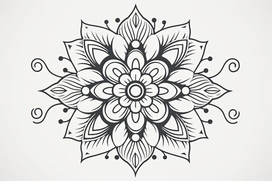 Blank gray page with very simple single flower mandala outline design border