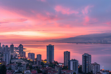 Izmir Skyline: An Exquisite Blend of Twilight Hues, Gleaming Lights, and Architectural Wonders - obrazy, fototapety, plakaty