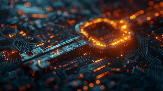 Cloud storage and cloud computing background. Data processing technology. Key in integrated circuit. - Powered by Adobe