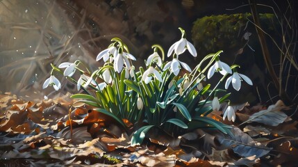 White snowdrop flowers with green leaves growing out of the snow. Illustration. Sunshine. Flowering flowers, a symbol of spring, new life.