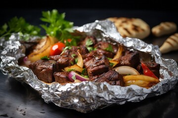 Hearty kebab on a plastic tray against an aluminum foil background