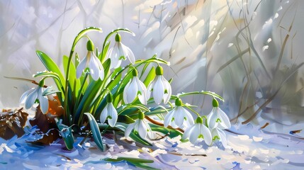 White snowdrop flowers with green leaves growing out of the snow. Illustration. Sunshine. Banner with space for your own content. Flowering flowers, a symbol of spring, new life.
