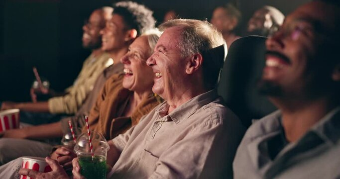 Diversity, people and laugh for comedy in movie for fun, enjoy and joke for entertainment with popcorn. Audience, crowd and theatre for premier or watch show with drama, action and happy with story