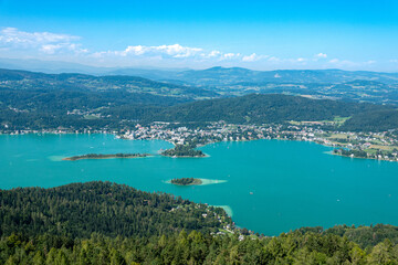 View of the Worthersee lake , Carinthia, Austria Aerial view from Pyramidenkogel view tower - 762497744