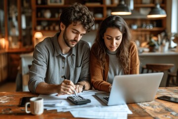 Young family from India keeps track of household finances on computer