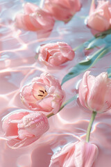 Pink tulips on the water surface with water drops, floral background