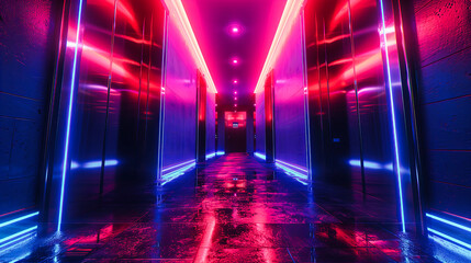 Neon Blue Lights in a Modern Room, Futuristic Corridor Design, Space and Technology Concept - obrazy, fototapety, plakaty