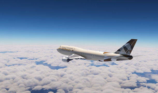Etihad Airways Boeing 747 flying over the sky, 19 Mar, 2024, Dubai, United Arab Emirates
