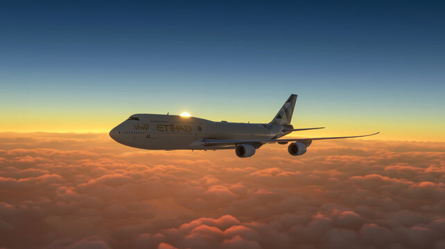 Etihad Airways Boeing 747 flying over the sky, 19 Mar, 2024, Dubai, United Arab Emirates