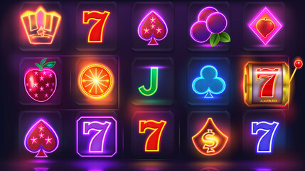 Set of Casino slot game with neon color isolation, Illustration - obrazy, fototapety, plakaty
