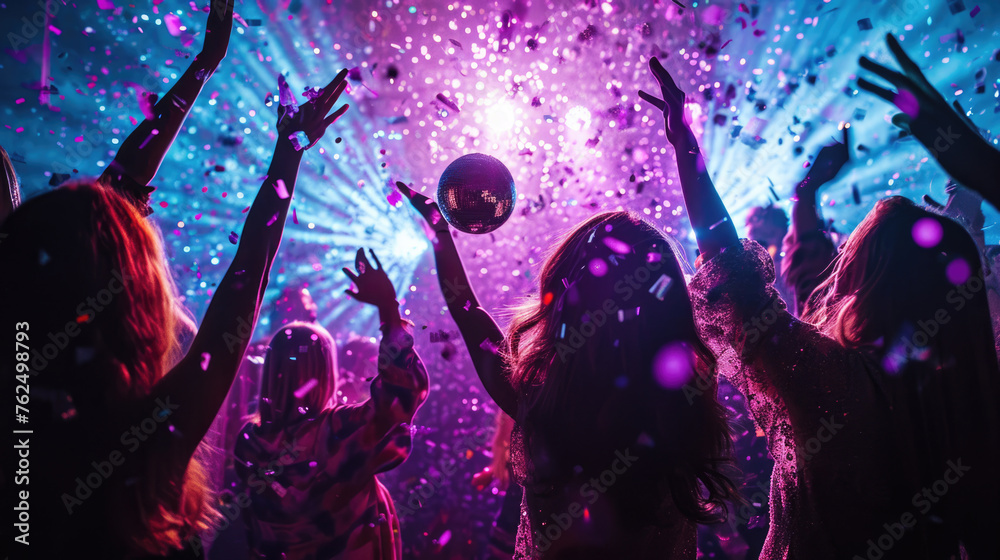 Poster dynamic scene of people dancing and celebrating at a party or club with confetti in the air and colo