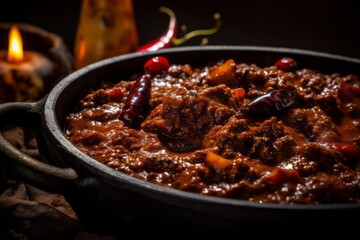 Tasty chili con carne in a clay dish against an aluminum foil background