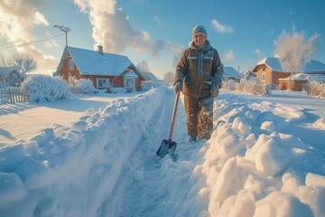 Working man clearing snow near house - obrazy, fototapety, plakaty