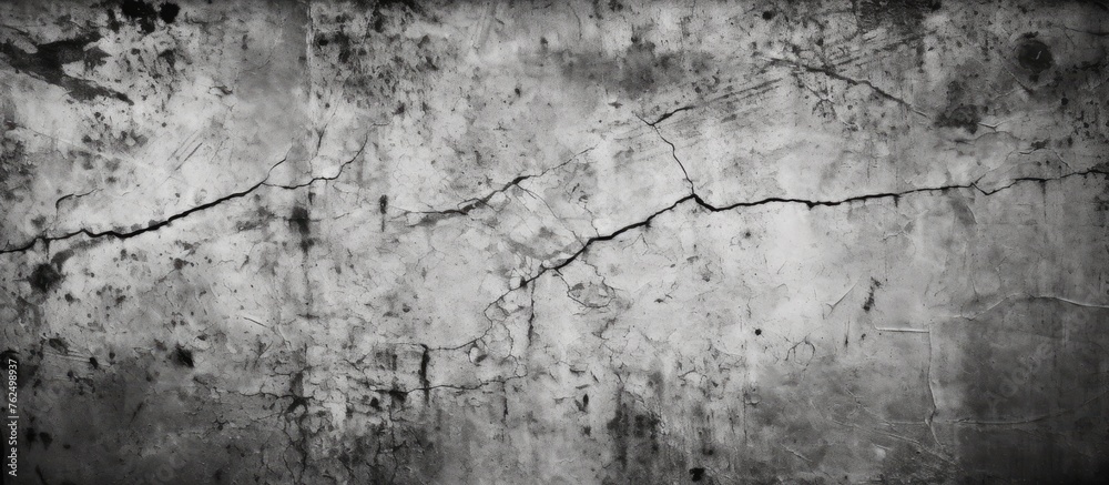 Poster A monochrome photography featuring a cracked concrete wall, surrounded by grass, twigs, and plants. The grey tones create an artistic contrast against the natural landscape