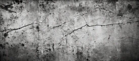 A monochrome photography featuring a cracked concrete wall, surrounded by grass, twigs, and plants. The grey tones create an artistic contrast against the natural landscape