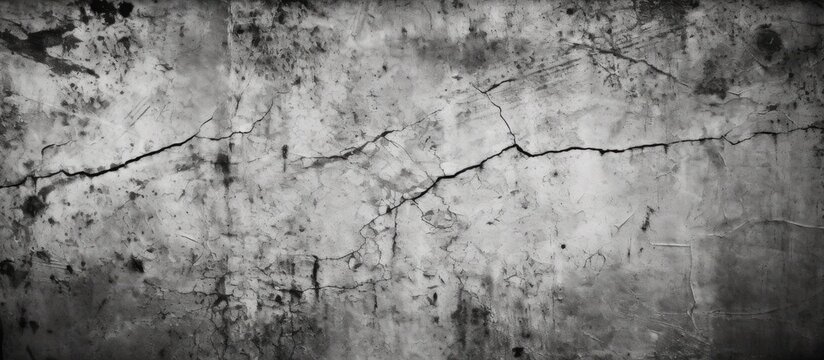 Fototapeta A monochrome photography featuring a cracked concrete wall, surrounded by grass, twigs, and plants. The grey tones create an artistic contrast against the natural landscape