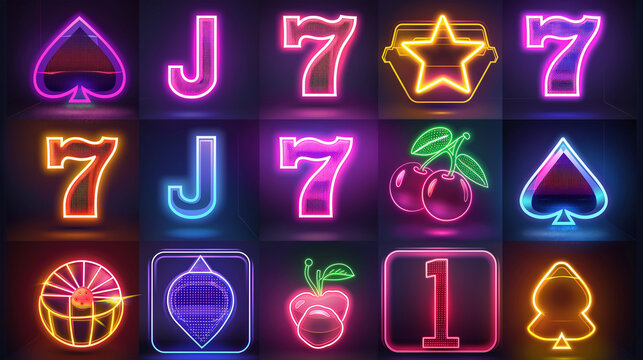 Set of Casino slot game with neon color isolation, Illustration