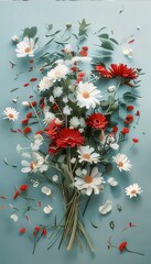 White and red flowers bouquet on a light background. Flowering flowers, a symbol of spring, new life.