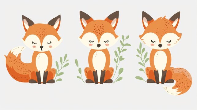 Simple clipart set of gouache or watercolor cartoon cute foxes in muted or pastel colors on a white background